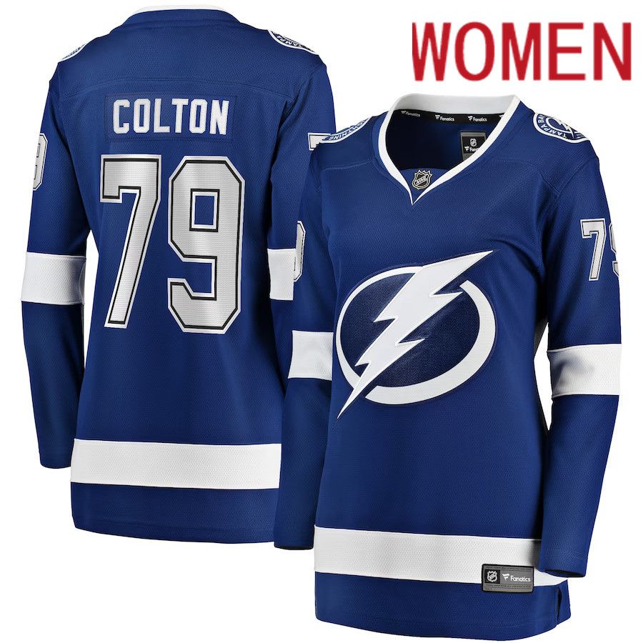 Women Tampa Bay Lightning #79 Ross Colton Fanatics Branded Blue Home Breakaway Player NHL Jersey->women nhl jersey->Women Jersey